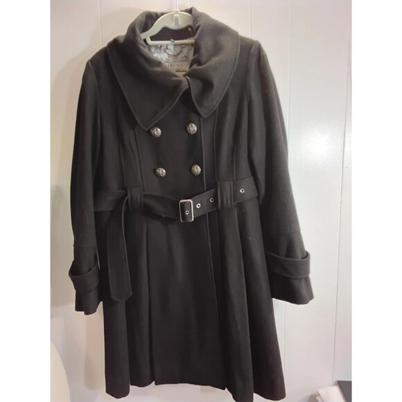 Guess Wool Blend Pea Coat Sz XL Double Breasted Belted Fully Lined Side Pockets - Picture 1 of 8